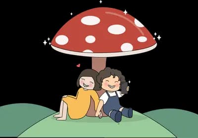 Two children sheltering under a giant toadstool
