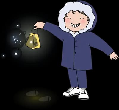 Boy in winter clothes beside a dark starry orb