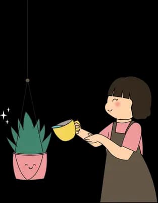 Woman watering a hanging potted plant