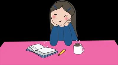 Woman writing in a notebook at a pink table
