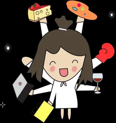 Girl surrounded by floating snacks and shopping bags