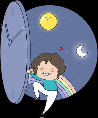 Child stepping through an oval portal to a rainbow