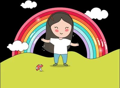 Woman standing on green hills before a rainbow