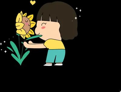 Boy leaning to smell a tall yellow flower