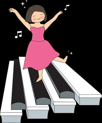 Woman in a pink dress walking up giant piano keys