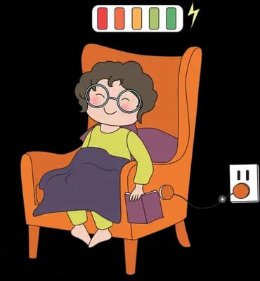 Woman in an armchair plugged into a charging socket