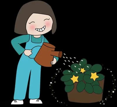 Woman in dungarees watering a star-flowered plant