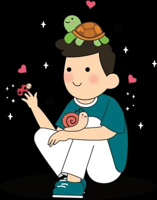 Man crouching with a frog on his head and hearts