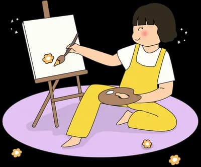 Woman painting at an easel on a round rug