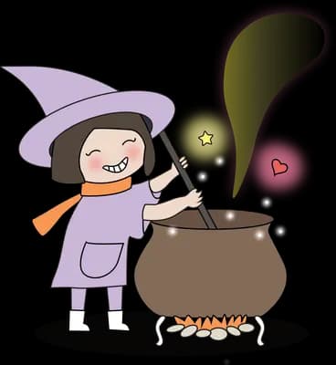 Witch girl stirring a steaming cauldron