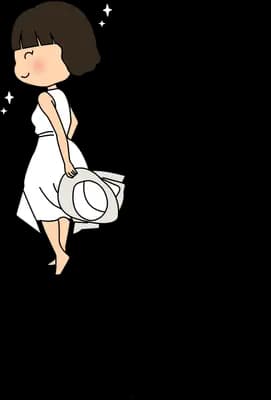 Girl in a white dress walking with a small bag