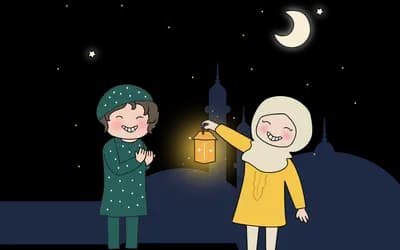 Two children with a lantern under a night sky