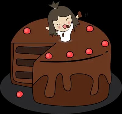 Girl peeking out of a large chocolate cake