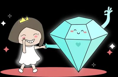 Girl standing beside large teal diamonds