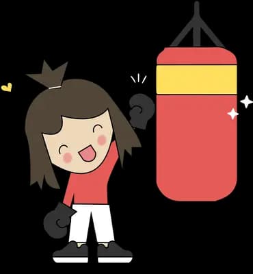 Girl in sportswear beside a red punching bag