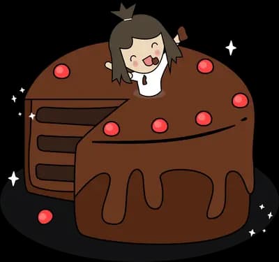 Girl peeking out of a large chocolate cake