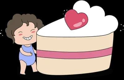 Boy beside a giant slice of layered cake
