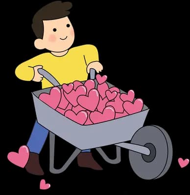 Boy pushing a wheelbarrow full of hearts