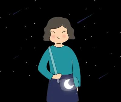 Woman holding a moon bag under falling dark streaks