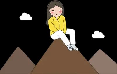 Woman sitting on a mountain peak with clouds