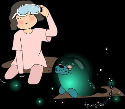 Girl sitting beside a dark glowing orb and chain