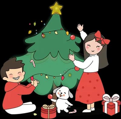 Children decorating a Christmas tree with gifts