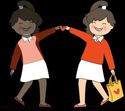 Two women reaching toward each other while walking