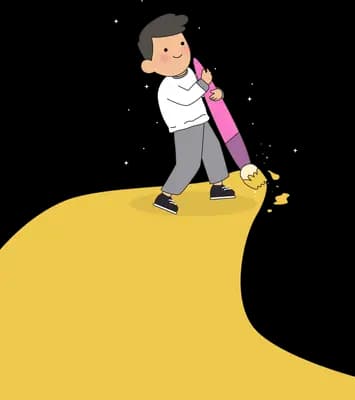 Man with a giant pencil standing on a yellow curve