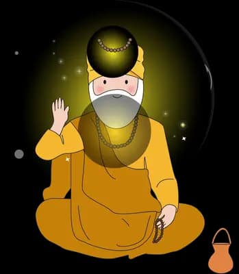 Seated monk in orange robes before a golden orb