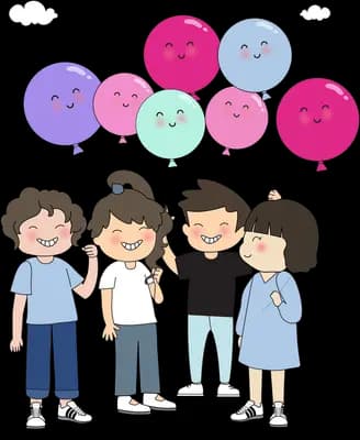 Group of children beneath balloons with faces