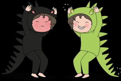 Two children in dinosaur costumes playing