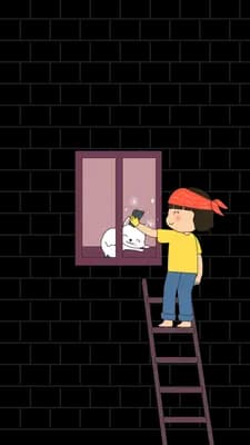 Boy climbing a ladder to a small window