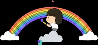 Girl lying on top of a rainbow between clouds