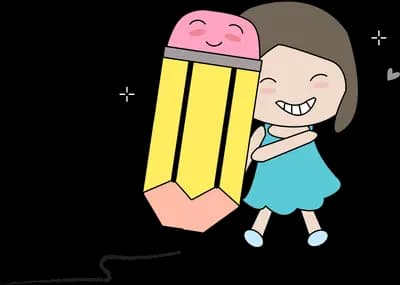 Girl leaning on a giant pencil drawing a line