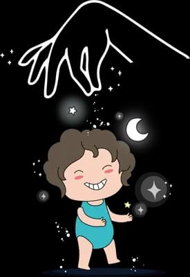 Girl in pyjamas yawning under a crescent moon