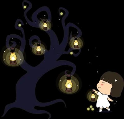 Girl beside a dark tree hung with glowing lanterns