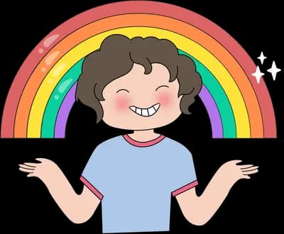 Boy shrugging beneath a bright rainbow