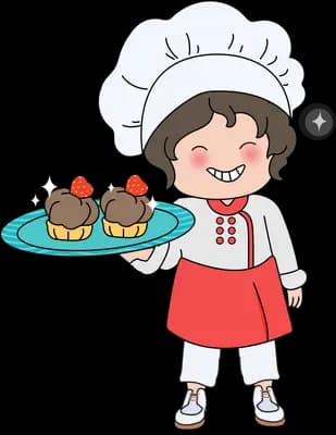 Girl in a chef hat carrying a tray of cupcakes