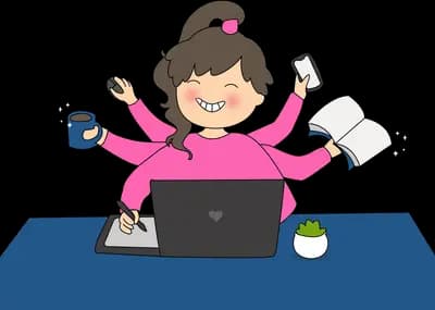 Many-armed woman juggling laptop, phone and chores