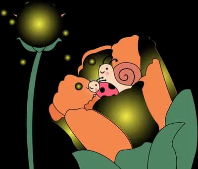 Girl nestled inside a large orange bloom with orbs