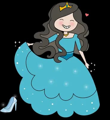 Woman in a blue ballgown beside a glass slipper