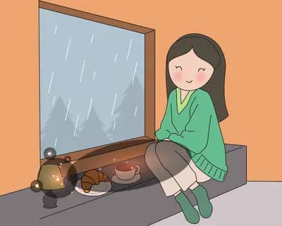 Girl sitting by a rainy window with a dog