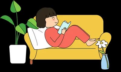 Woman reclining on a yellow sofa with plants