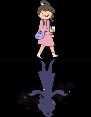 Girl standing above a faded purple reflection