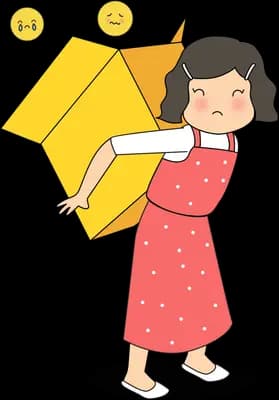Girl carrying a stack of yellow smiling boxes