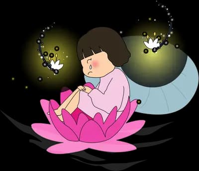 Girl asleep on a lotus surrounded by dark orbs
