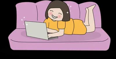 Girl lying on a pink sofa using a laptop