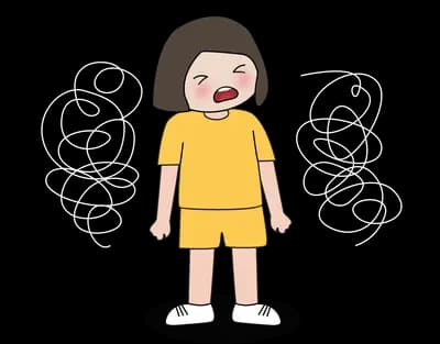 Girl shouting surrounded by tangled scribbles