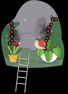 Girl climbing a ladder up a mossy rock with flowers