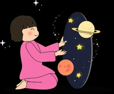 Girl decorating a large dark star-filled shape